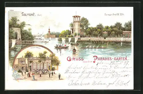 Lithographie Berlin-Treptow, Restaurant Paradies-Garten mit Tanzsaal