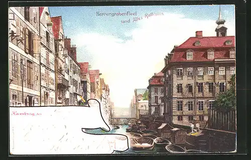 Lithographie Alt-Hamburg, Herrengrabenfleet und altes Rathaus
