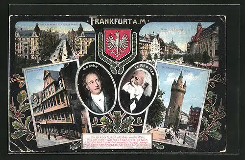 AK Alt-Frankfurt, Eschenheimer Turm, Zeil, Goethe & Fr. Stoltze, Wappen