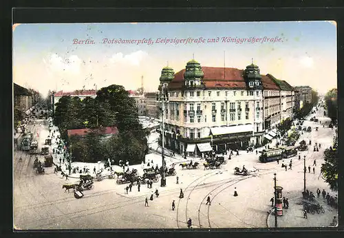 AK Berlin-Tiergarten, Potsdamer Platz, Leipzigerstrasse und Königgrätzerstrasse, Kutschen und Strassebahnen