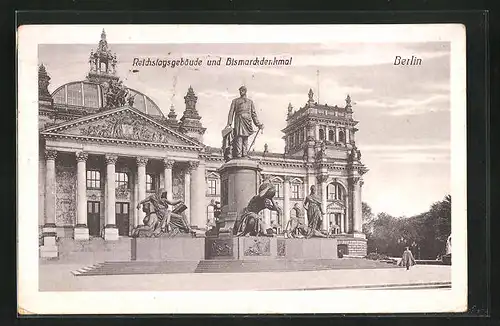 AK Berlin-Tiergarten, Reichstagsgebäude und Bismarckdenkmal