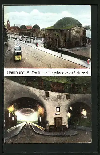 AK Hamburg-St. Pauli, Landungsbrücken mit Elbtunnel und Strassenbahn