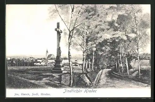 AK Neuhaus / Jindrichuv Hradec, Strassenpartie mit Flurkreuz, Blick auf den Ort