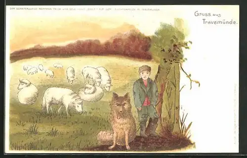 Lithographie Travemünde, Schäferjunge Hermann Falck mit Hund Greif auf dem Leuchtenfelde