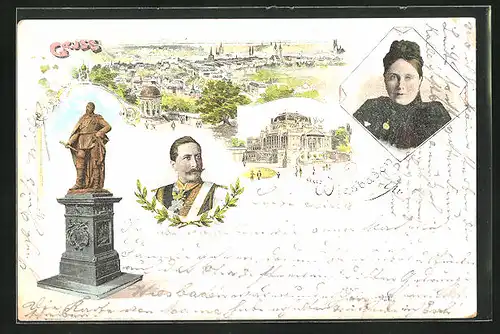 Lithographie Wiesbaden, Denkmal, Stadtpanorama, Portrait Friedrich Wilhelm III. von Preussen