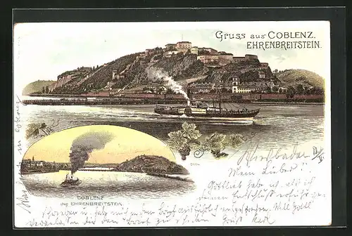 Lithographie Coblenz, Gesamtansicht mit Ehrenbreitstein