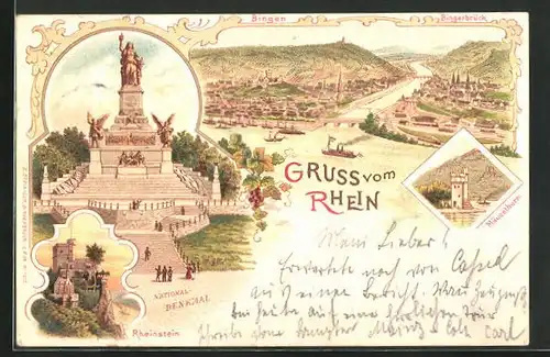 Lithographie Bingen / Rhein, Mäuselturm, National-Denkmal, Burg Rheinstein