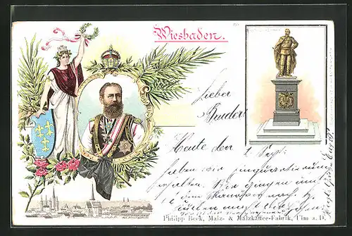 Lithographie Wiesbaden, Stadtpanorama, Portrait Friedrich Wilhelm III. von Preussen, Kaiser Friedrich Denkmal