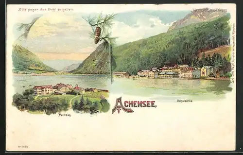 Lithographie Pertisan am Achensee, Panorama, Ansicht vom Scholastika, Halt gegen das Licht: bei Mondschein