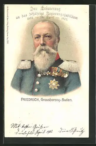 Präge-AK Grossherzog Friedrich von Baden im Portrait, 50. jähriges Regierungsjubiläum 1852-1902