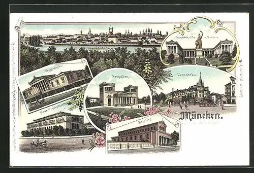 Lithographie München, Neue Pinakothek, Glyphothek, Löwenbräu, Basilika