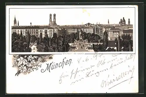 Lithographie München, Teilansicht aus der Vogelschau