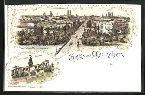 Lithographie München, Ruhmeshalle Bavaria, Panorama vom Maximilaneum