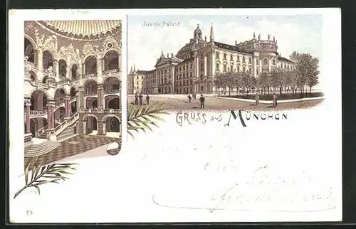 Lithographie München, Justizpalast, Aussenansicht und Treppenhaus