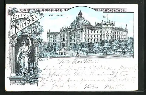 Lithographie München, Justizpalast und Justizia
