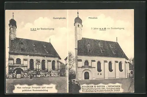 AK München-Haidhausen, Gasteigkirche vor und nach der Trockenlegung