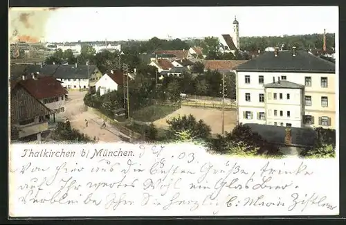 AK München-Thalkirchen, Gesamtansicht mit Kirche im Hintergrund