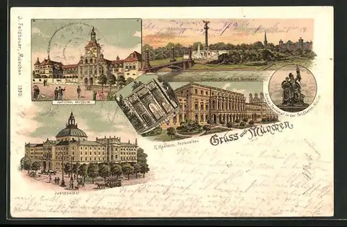 Lithographie München, Justizpalast, Nationalmuseum, Kgl. Residenz, Luitpold-Brücke