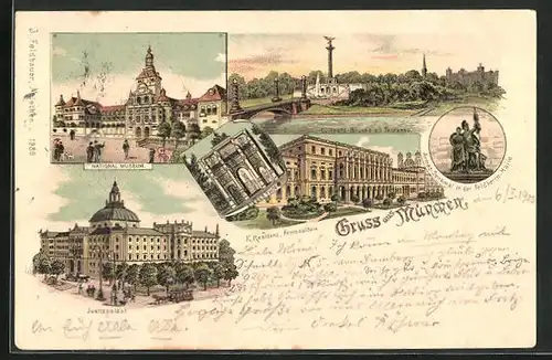 Lithographie München, Justizpalast, Nationalmuseum, Kgl. Residenz, Luitpold-Brücke