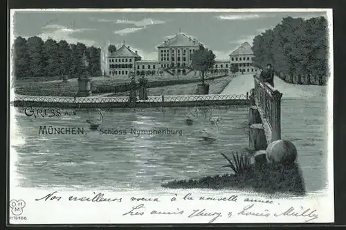 Mondschein-Lithographie München-Nymphenburg, Schloss, Wasserseite