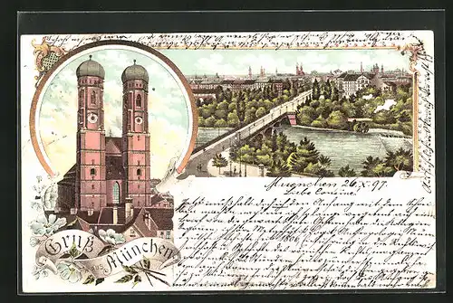 Lithographie München, Frauenkirche und Stadtpanorama