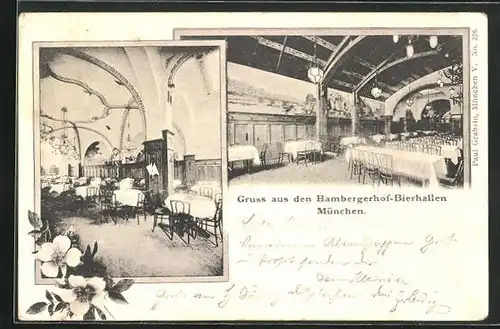 AK München, Bambergerhof-Bierhallen, Innenansichten