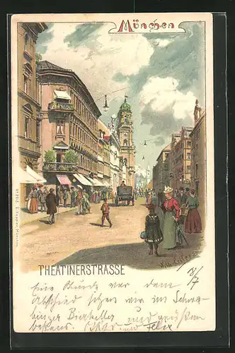 Lithographie München, Blick in die Theatinerstrasse