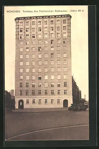 AK München, Turmbau des Technischen Rathauses, Blumenstrasse, unterer Anger