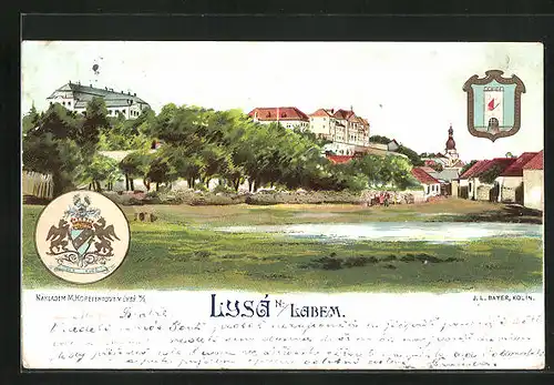 Lithographie Lissa / Lysa, Celkový pohled, Stadtwappen