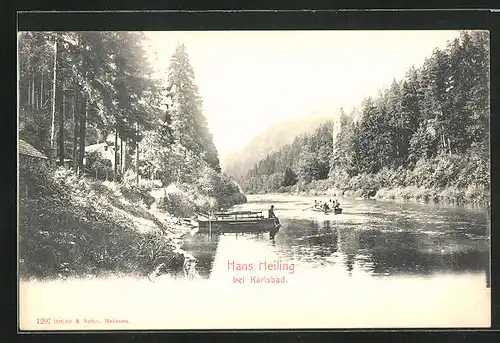 AK Hans Heiling, kleines Rderboot am Flussufer