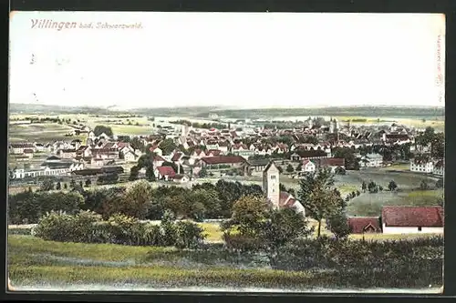 AK Villingen im bad. Schwarzwald, Generalansicht der Stadt, eine Kirche im Vordergrund