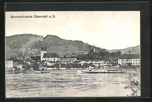 AK Obernzell a. D., Ausflugsdampfer auf der Donau mit Blick zur Kirche