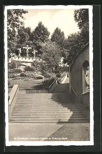 AK Mönchengladbach, Münstertreppe mit Kreuzgruppe