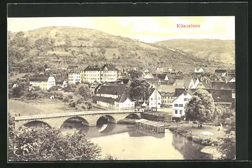 AK Künzelsau, Generalansicht mit Brücke über den Fluss