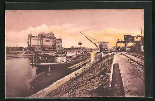 AK Karlsruhe i. B., Rheinhafen, Schiff am Ufer