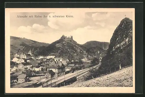 AK Altenahr, Stadtansicht mit Ruine Are und schwarzes Kreuz