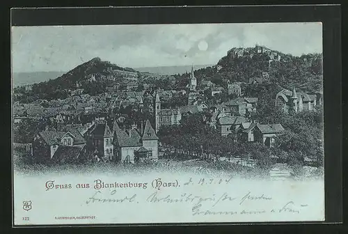 Mondschein-AK Blankenburg im Harz, Gesamtansicht der Stadt