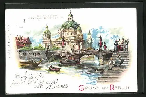 Lithographie Berlin, der neue Dom, Partie an der Kaiser Wilhelm-Brücke