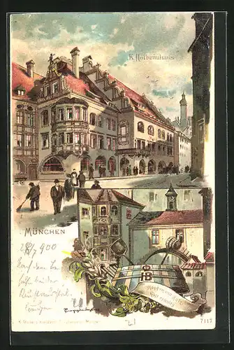 Lithographie München, Löwenbräu-Keller, Passanten am Hofbräuhaus