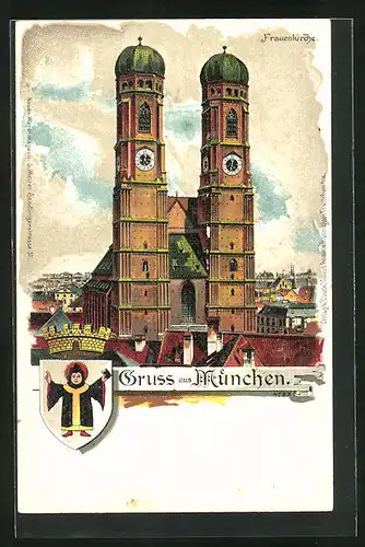 Lithographie München, die Frauenkirche, Münchner Kindl