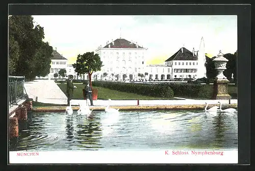 AK München-Nymphenburg, Vorderansicht des kgl. Schlosses, am Wasserspiel