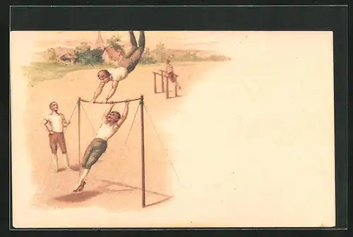 Lithographie Turnen, Herren turnen am Reck