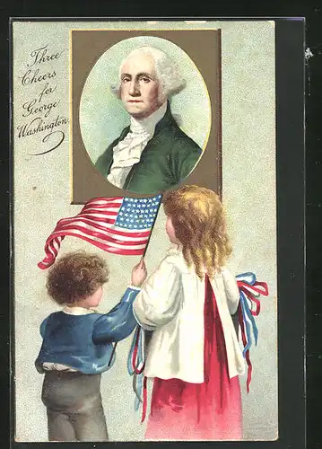 Lithographie Kinder mit Fahne am Portrait von Washington