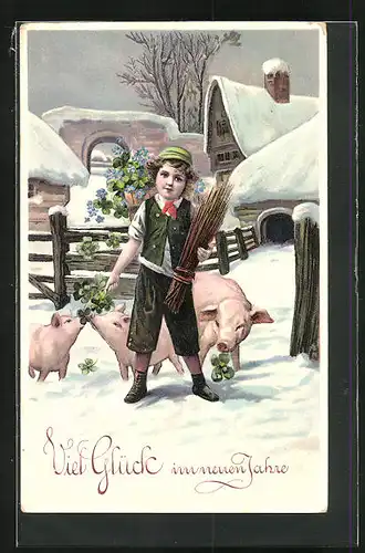 Lithographie Knabe mit Klee und Schweinen im Winter