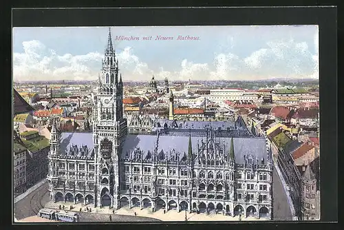 AK München, Neues Rathaus mit Blick auf die Stadt