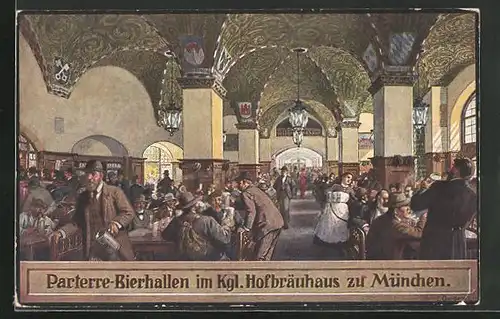 Künstler-AK München, Parterre-Bierhallen im Münchner Hofbräuhaus