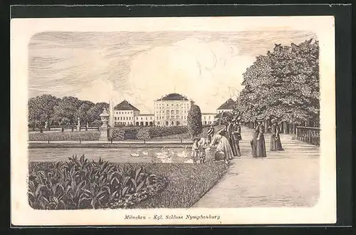 Künstler-AK München-Nymphenburg, Partie im Schlossgarten