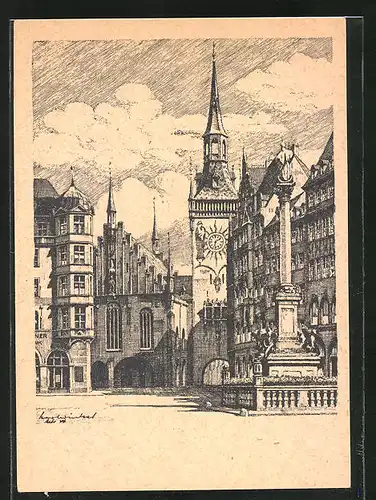 Künstler-AK München, altes Rathaus und Denkmal