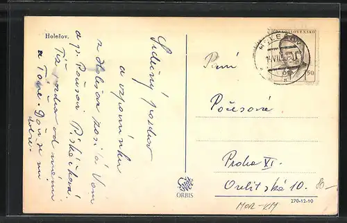 AK Holesov, Strassenpartie mit Geschäften und Kirche