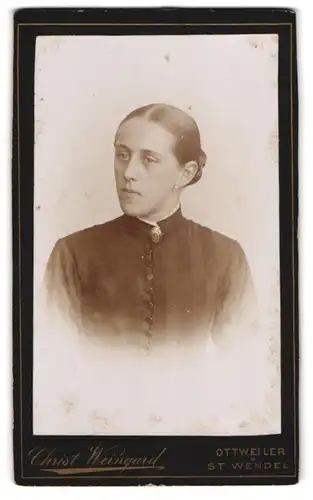 Fotografie Christ. Weingard, Ottweiler, Portrait Dame im gestreiften Biedermeierkleid mit Brosche und Dutt